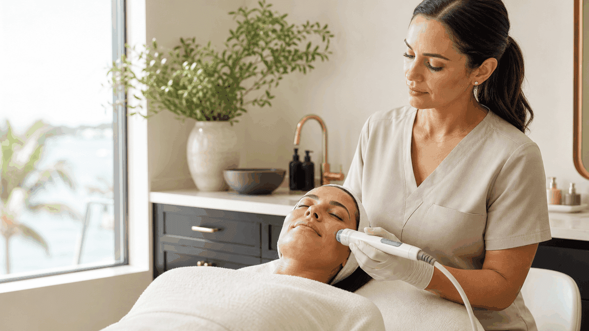 Licensed esthetician performing a comfortable device-assisted facial treatment in a Sarasota medical spa