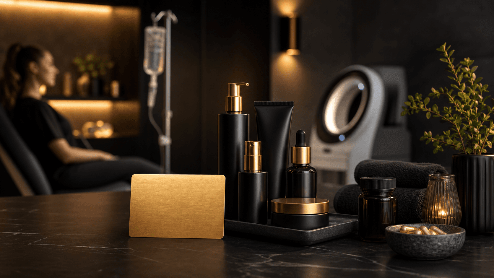 Black and gold skincare and wellness arrangement representing Harmony Med Spa's VIP Ultimate membership