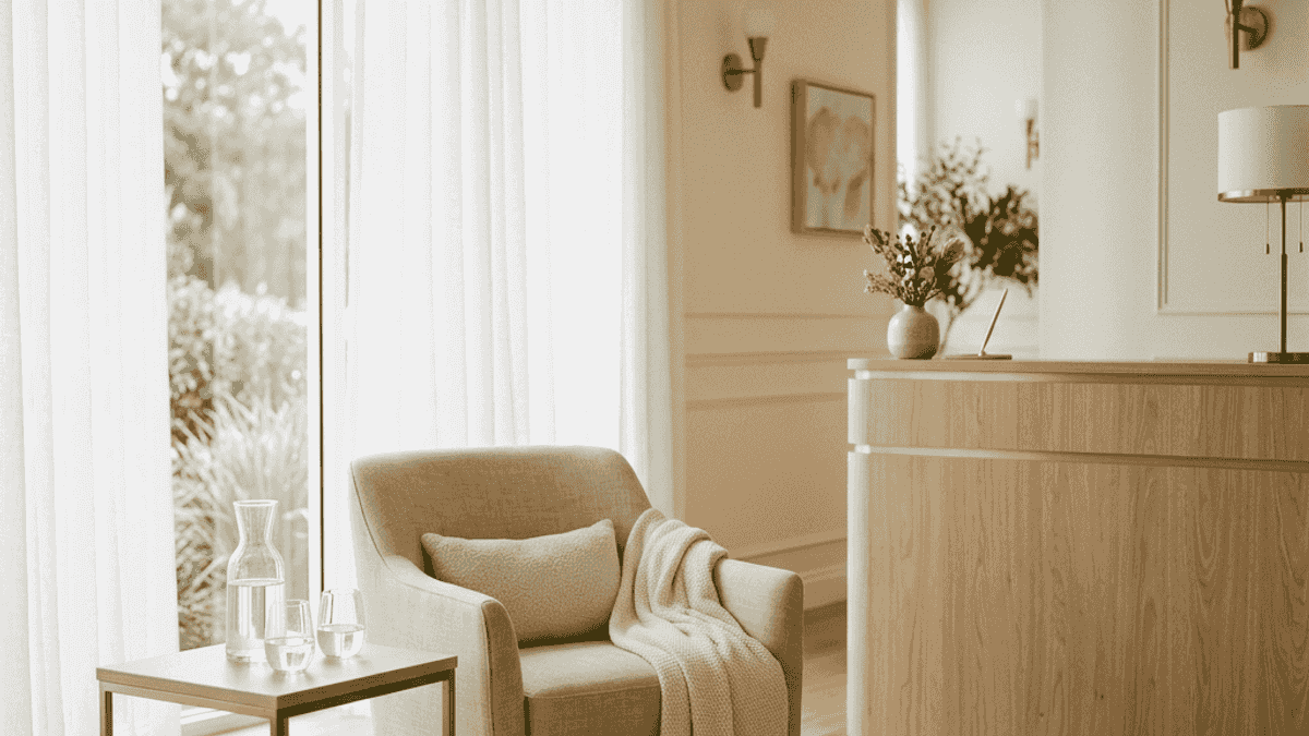 Welcoming med spa reception area with soft seating and natural daylight