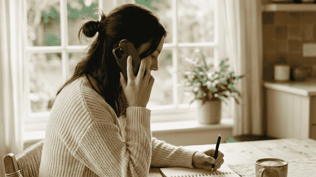 Person on a phone call taking notes while researching clinic options at home