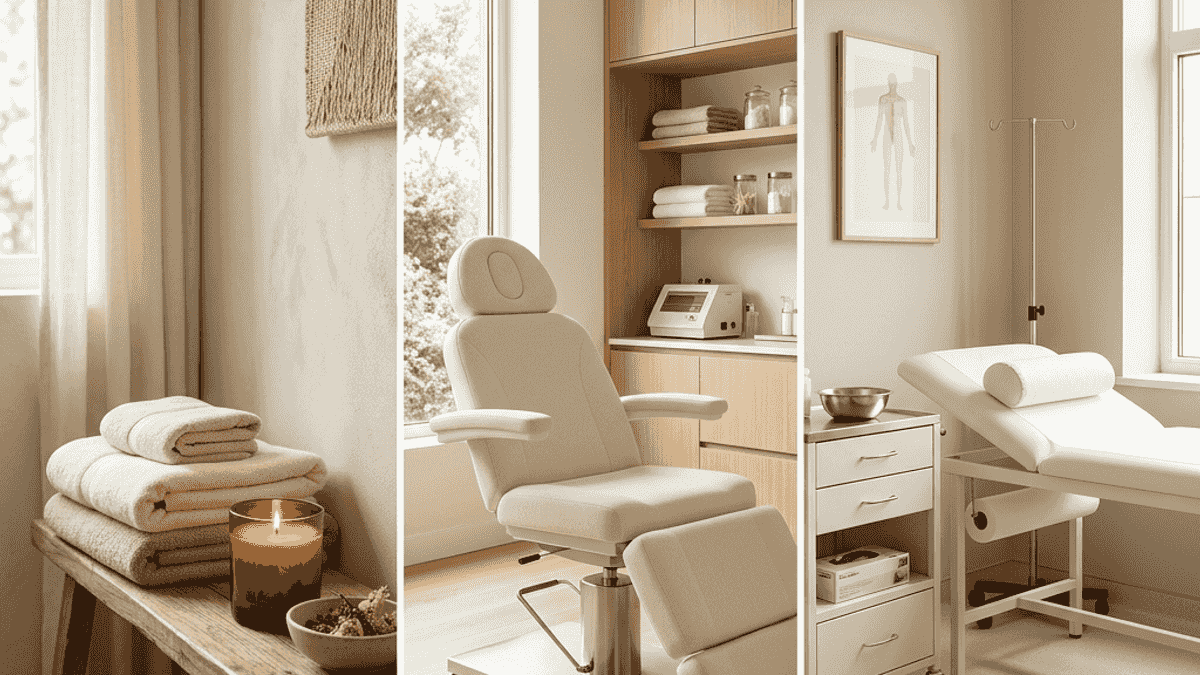 Three distinct treatment room settings representing different types of skin and wellness care
