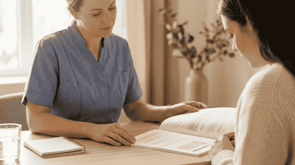 Provider and patient reviewing a printed treatment plan together across a consultation desk