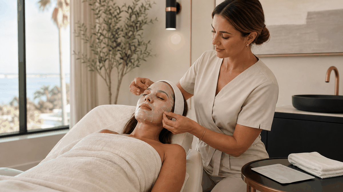 Aesthetic professional checking a cooling sheet mask on an adult patient in a calm Sarasota recovery room